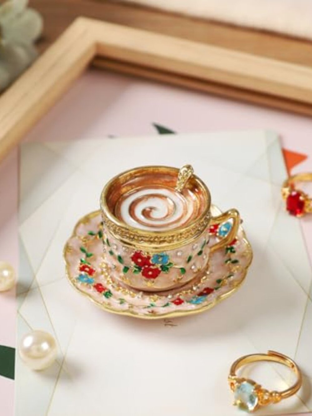 New - Coffee Cup Trinket Box Enamel Hinge Small Jewelry Boxes Hand-Painted